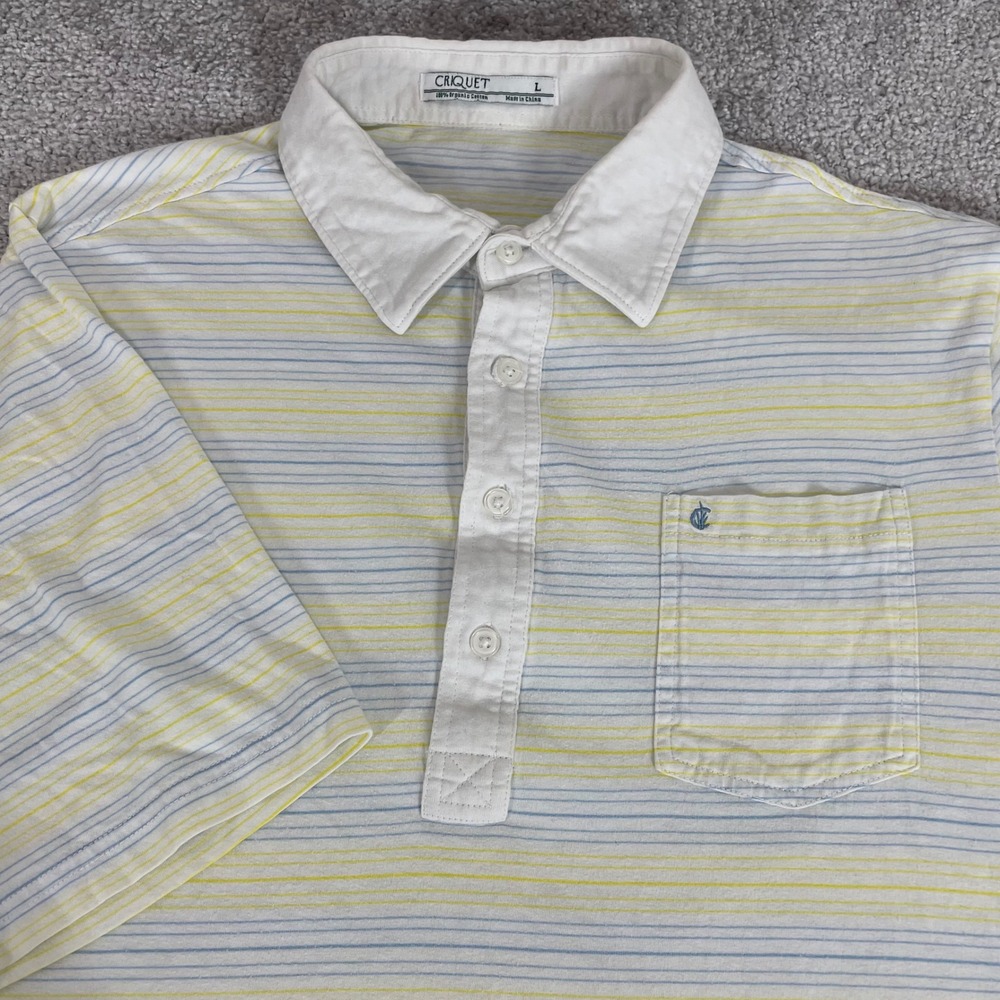Criquet Polo Shirt Mens Large Organic Cotton Striped Pocket Yellow Blue